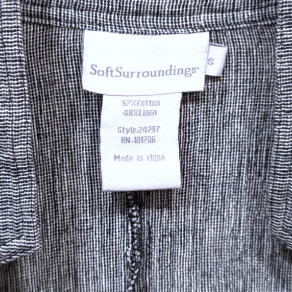 Soft Surroundings Grey Linen Blend Open Front Duster Coat with Black Frill (S) - Picture 3 of 7